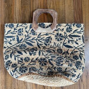 Floral Patterned Tan and Black Tote/ Beach Bag